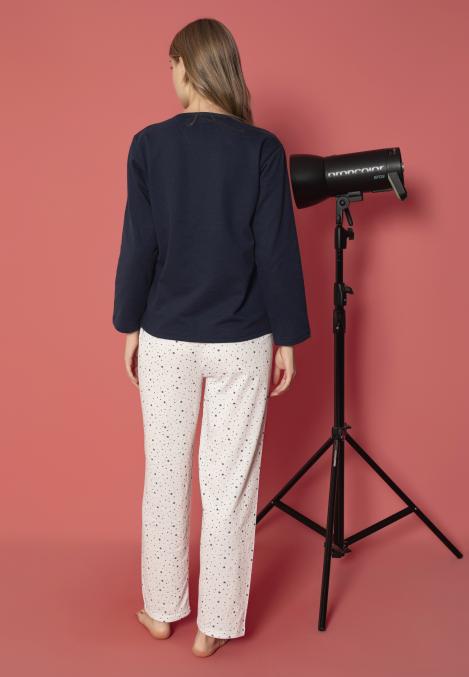 Pijama damă vătuită cu mânecă lungă și pantaloni lungi din bumbac, imprimeu cu stea, Engros